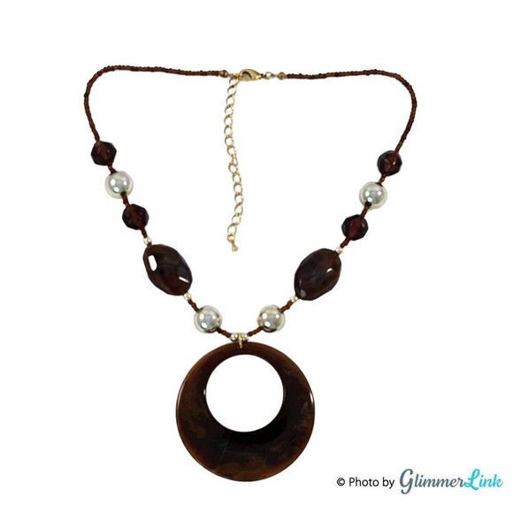 Boho Brown & Gold Tone Beaded Donut Pendant Necklace - Picture 4 of 9